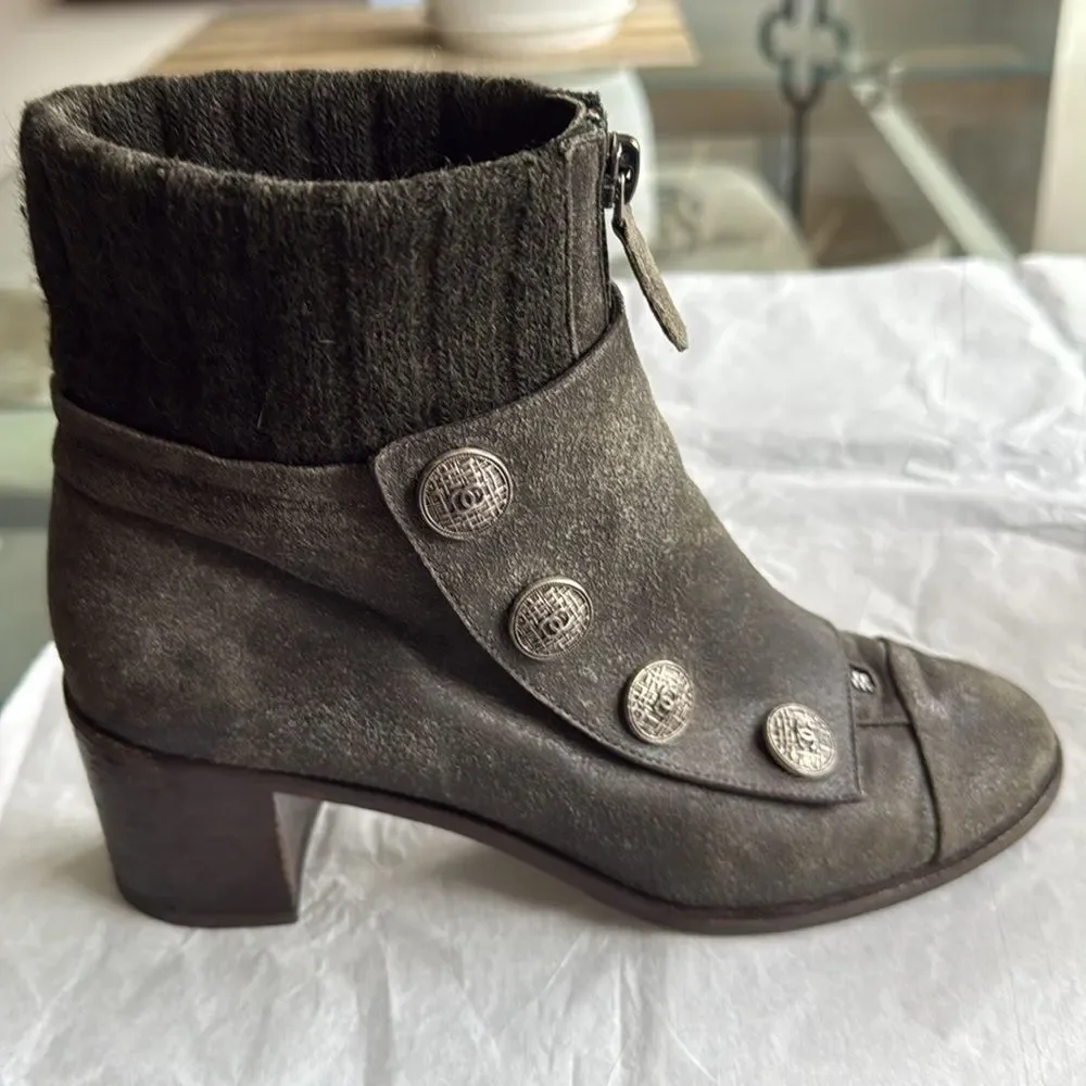 Chanel Women’s Gray Distressed Suede Leather Ankle Boots with CC Logo Buttons.